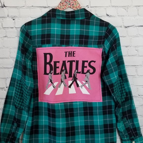 Mossimo Supply Co. Tops - Upcycled Beatles Plaid Shirt L Pink Green Custom